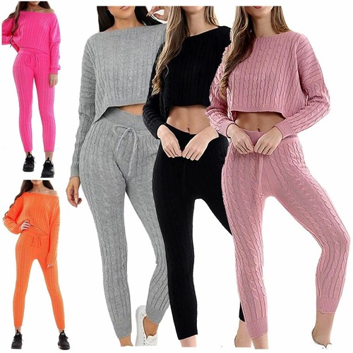 Womens Loungewear Cable Knitted Co-Ord Tracksuit Cropped Baggy Top Bottoms  8-14 | eBay