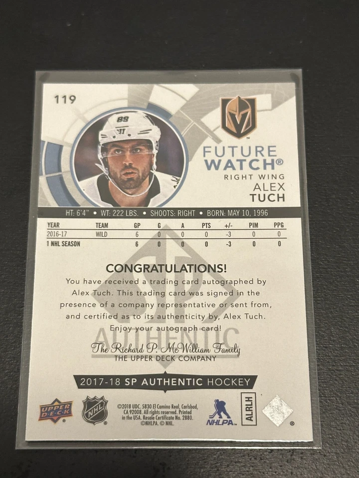 2017-18 SP Authentic Auto Future Watch /999 Alex Tuch #119 Rookie Auto RC - Image 2 of 2