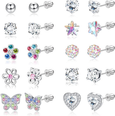 10 Pairs Hypoallergenic Screw Back Earrings for Women Surgical Steel Heart CZ Sc