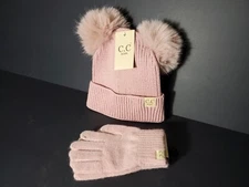 C.C Kids Pink Double Fur Poms Beanie With Gloves Set. BB4.
