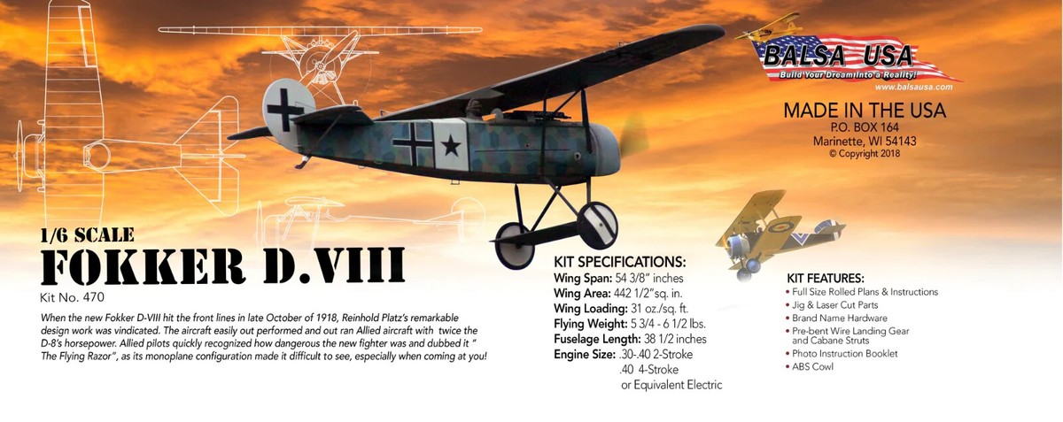 Balsa USA 1/6 Scale Fokker D-VIII Remote Control Balsa Wood