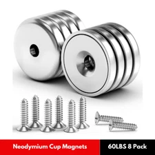 8Pack Round Base Cup Magnet 60LBS Strong Rare Earth Magnet Heavy Duty
