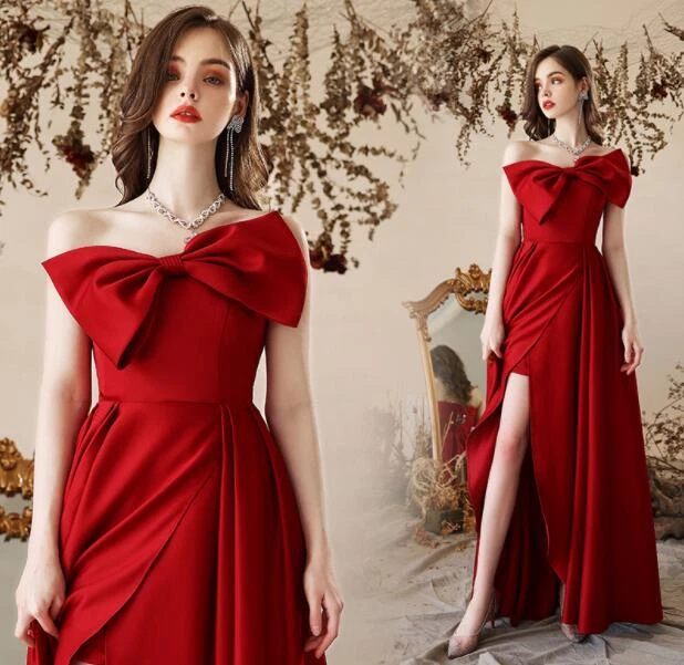 Gorgeous Red Off Shoulder Bowknot Evening Dresses Banquet Prom Wedding Gown B