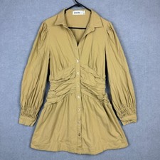 Sovere Dress Womens 12 Beige Ruched Collared Button Up Lined Mini Pure Cotton