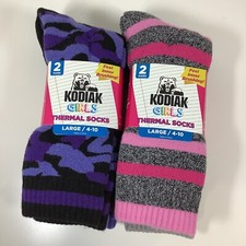 2 NEW KODIAK GIRLS THERMAL 2 PACK PINK GRAY  VIOLET STRIPE SOCKS LARGE 4-10 