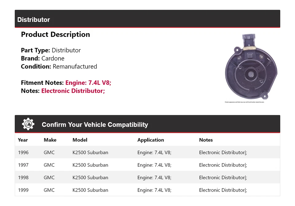 Para GMC K2500 1996-1999 Suburban 7,4 L V8 Distribuidor Cardone 1997 1998 Foto 2 de 4