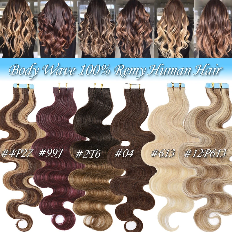 Cinta en extensiones trama de piel 100 % Remy cabello humano real cabeza completa cuerpo onda 60 piezas Foto 2 de 4