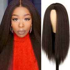 Natural Long Yaki Straight Synthetic Wig For Women - DARK BROWN