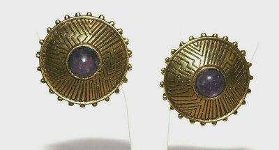 Vtg 80s Laurel Burch Amethyst Studded Edged Round Dome Gold Tone Clip Earrings 