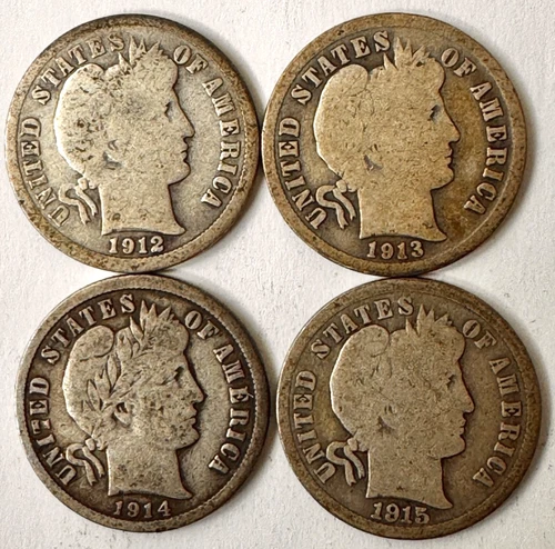 1912 - 1913 - 1914 - 1915  BARBER QUARTER DOLLARS - (4)