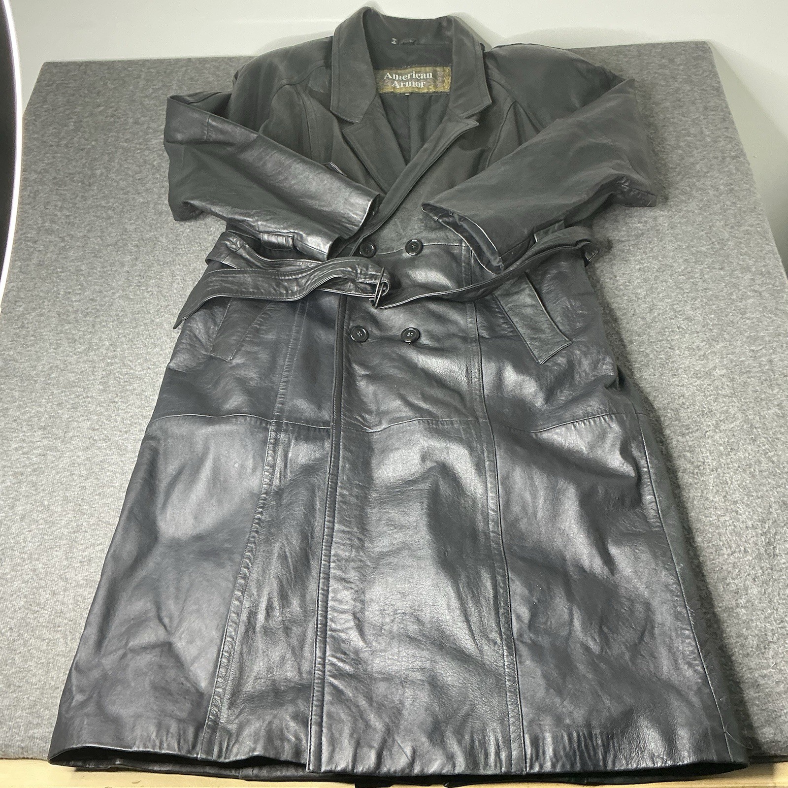 Vintage American Armor Leather Trench Coat Men XL 90s Y2K Punk Goth Grundge