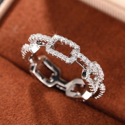 2 Colors Fashion Women 18K Gold Plated Chain Shape CZ Sparkling Band Ring 6mm