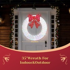 36in Christmas Wreath Pre-Lit Outdoor w/ LED Light, Bows for Holiday Party Decor