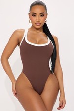 Fashion Nova GRACE Brown And White Contrast Combo Compression Bodysuit SZ LG
