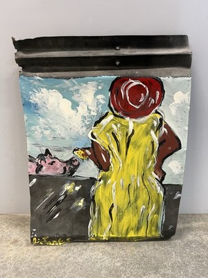   Folk Art Outsider Painting on Tin   Woman in Yellow Feeding Pigs    L. Jones