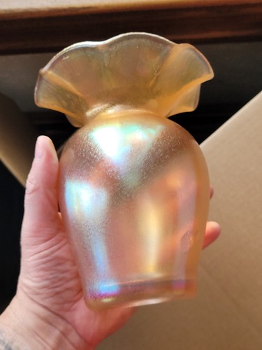 Stretch Art Glass Marigold Imperial Jewels Vase Iron Cross Signed #10 Pinched