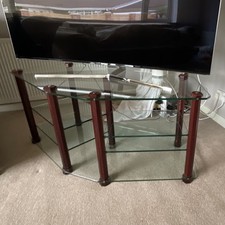 Rectangular Glass & Wood Freestanding TV Stand with 3 Shelves, Dark Wood Legs