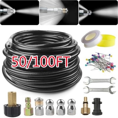 Complete Sewer Jetter Kit 50FT 100FT Hose 5800PSI 1/4'' NPT Nozzles & Fittings