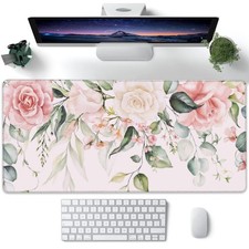 Desk Pad, Pink Watercolor Flowers and Green Leaves Extended Large Gaming Mous...
