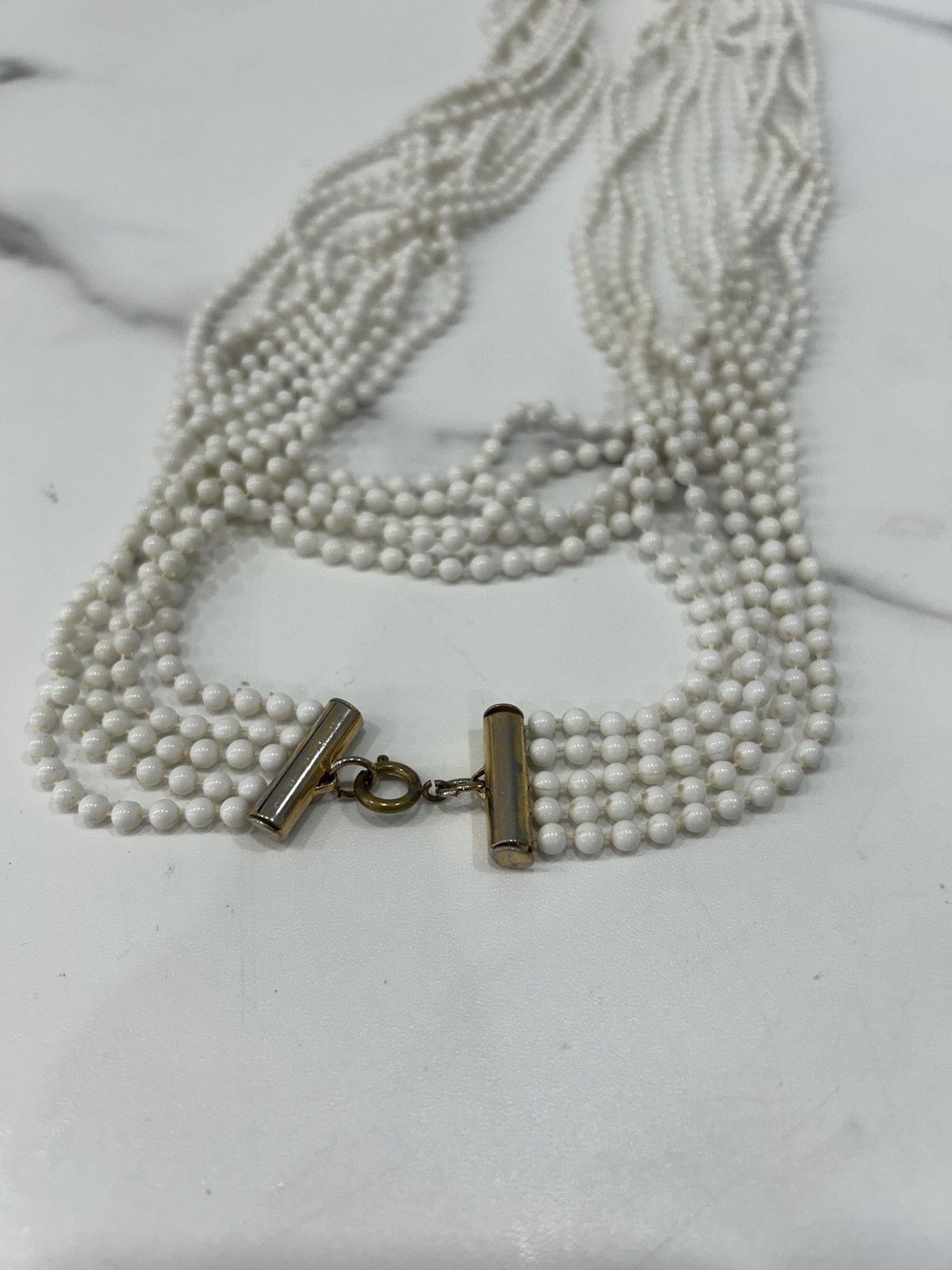 White Multi Strand Layered Beaded Statement Neckl… - image 5