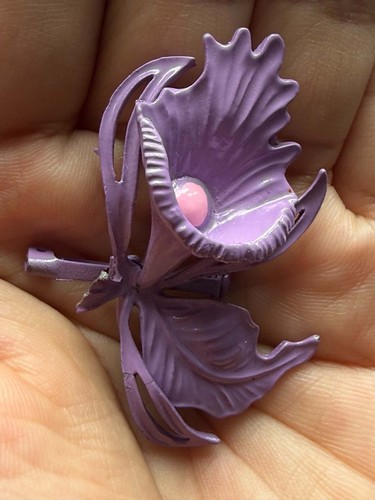 Vtg Art Deco Nouveau Purple Yellow Enamel Wild Orchid Iris Flower Brooch Pin