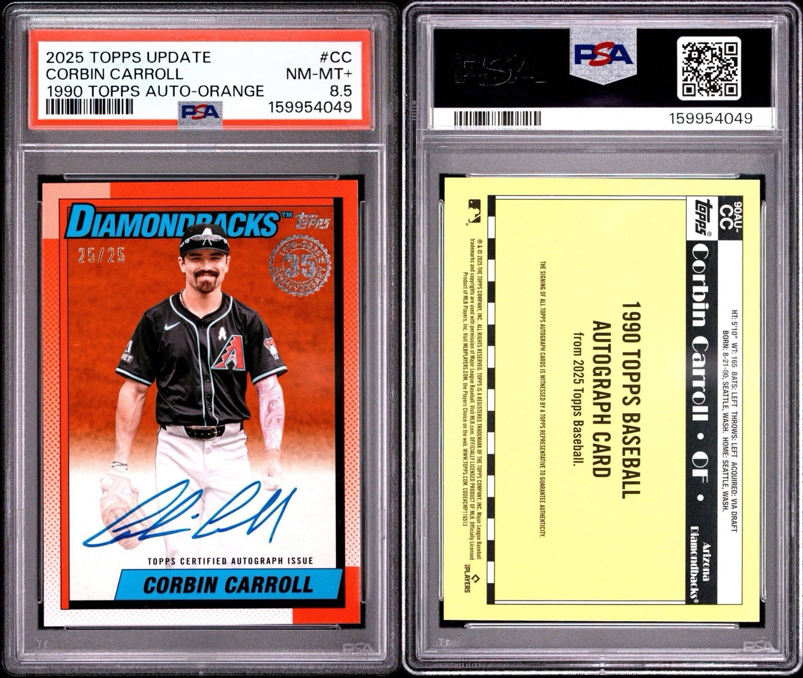 2025 Topps Update Corbin Carroll 90AU-CC 1990 Orange Auto 25/25 PSA 8.5 Bookend view 3
