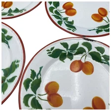 Distressed Vintage Huta Silesia Plates Poland Enamelware Fruit 4pcs
