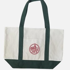 Trader Joe's Large Canvas Tote Reusable Bag 20x14x6" Green/White  NEW 