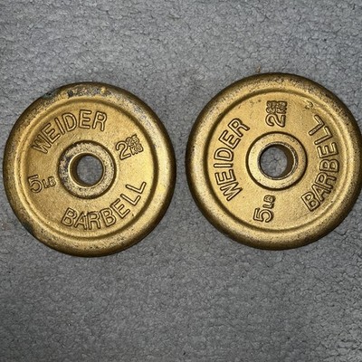 VTG Lot 2 Weider Barbell Weigh Plate 5lb 1  Hole Gold Painted Cast Iron 2.25KG