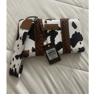 Wrangler Cow Print Zip-Around Wristlet Wallet Strap Western White Brown Black