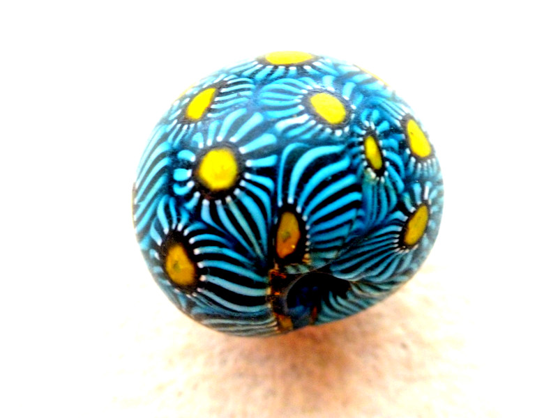 ANTIQUE  SUPER SPECIAL LARGE ROUND MILLEFIORE  BLUE GLASS TRADE BEAD
