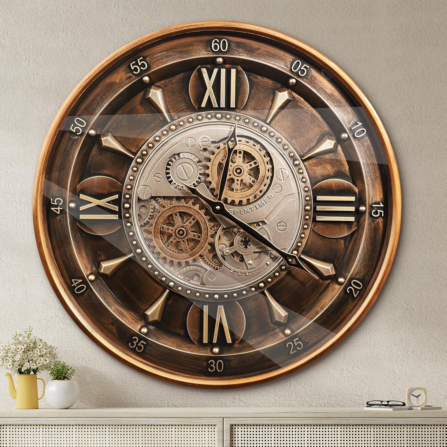Oversized 24" Industrial Steampunk Wall Clock with Moving Gears - Antique Gold