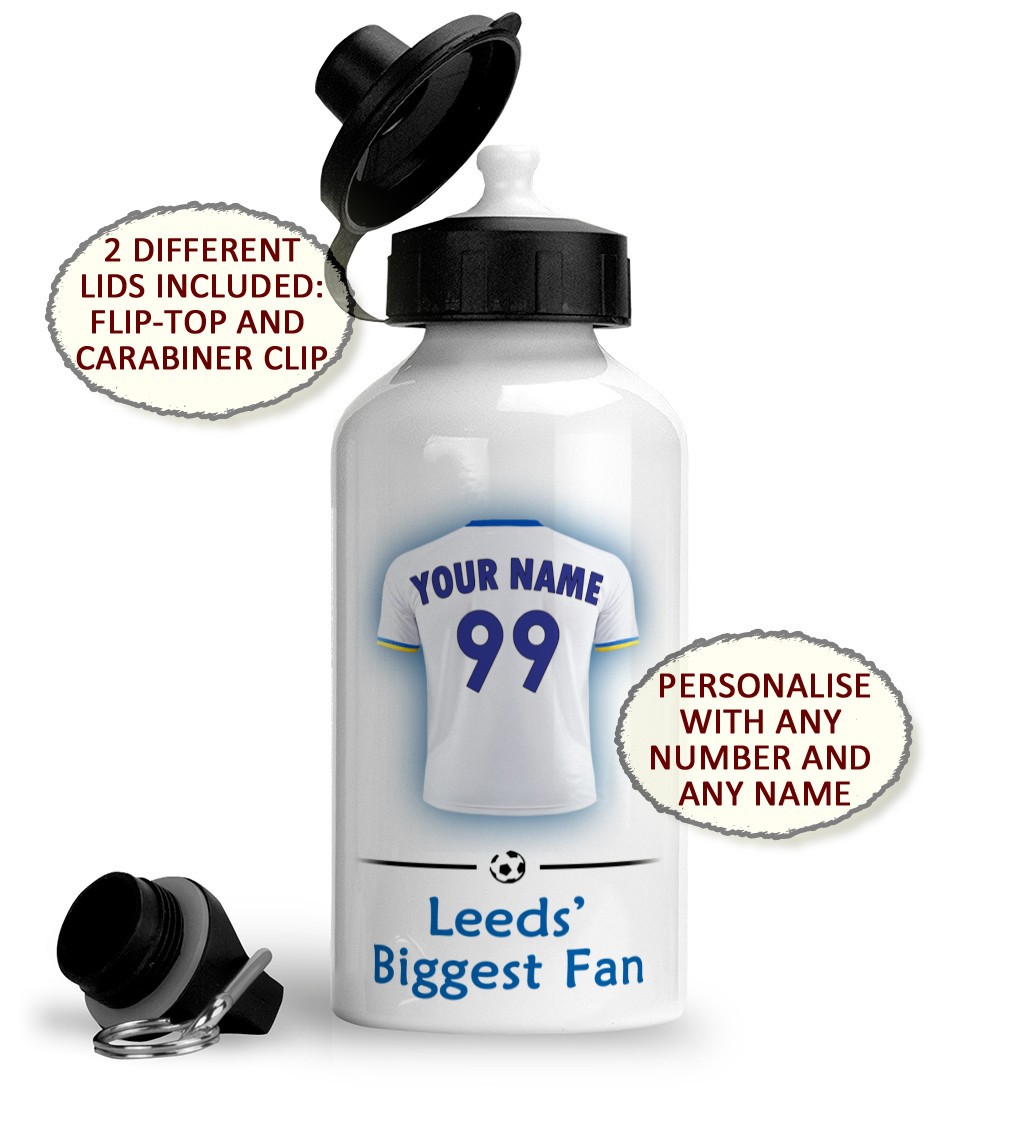 Personalised Leeds United Water Bottle. Football Sports Drink. LUFC Fan Gift