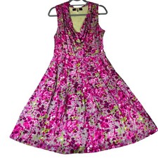 Eva Franco Floral Dress Womens 10 Pink Purple Cowl Neck A-Line knee length