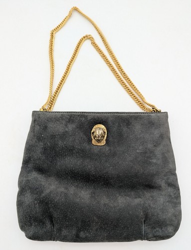 Judith Leiber Green Suede Evening Handbag Clutch Gold Colored Kinked Chain