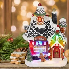 Christmas LED Light Gingerbread Ice Cream Village House,Collectible Building
