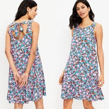 LOFT Floral Dress Daisy Print Flounce Sleeveless Tie Back Size Medium Scoop Back