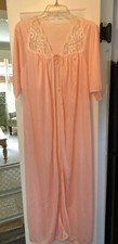 Vintage Nightgown Coral Nylon Evening Peignoir Lacy Trim  Tie Lingerie