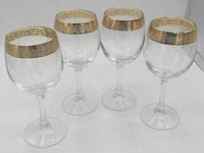 24K GOLD  Cellini Beautiful Etched Blown Crystal WineGlasses Set of 4 Gold Trim