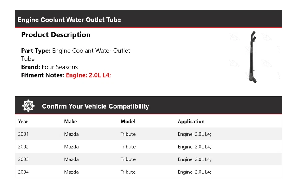 Tubo de salida de agua refrigerante motor L4 2,0 L para Mazda Tribute 2001-2004 4 estaciones Foto 2 de 4