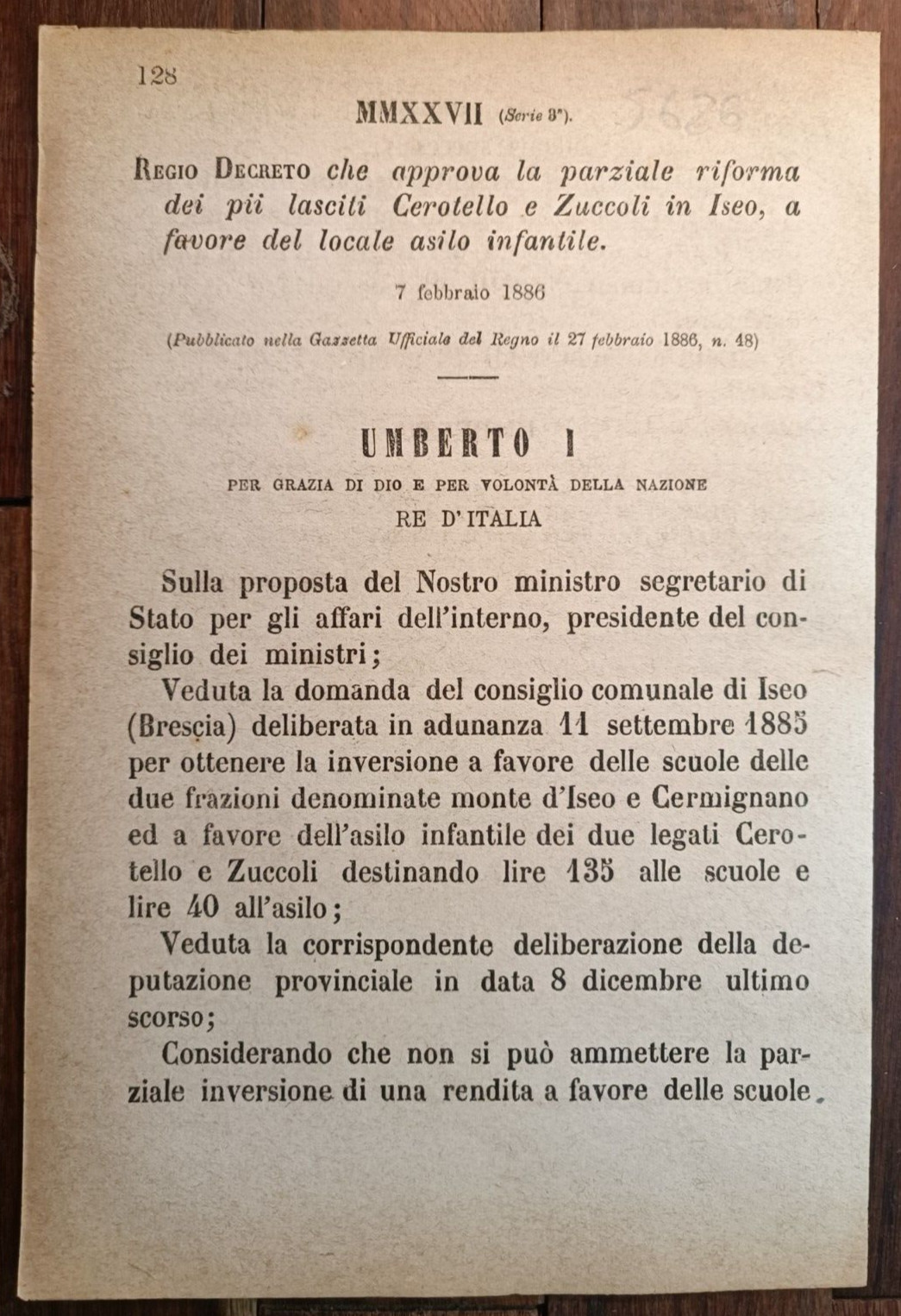 ISEO 1886 REGIO DECRETO X LASCITO AD ASILO INFANTILE-1 PAGINA-5626