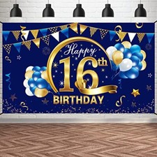 Happy 16th Birthday Banner Decorations for Boy - Blue Gold 16 Birthday Backdr...
