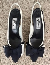 Vintage Giuseppi Zanotti Navy White Grosgrain Silk Bow Slingback Heel Sz 8.5-9