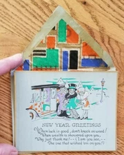 Antique Vintage New Years card unused colorful art Deco. 1930's?