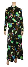 Olga Brand Vintage 70s Black Dayglo Floral Maxi House Dress size L 9809