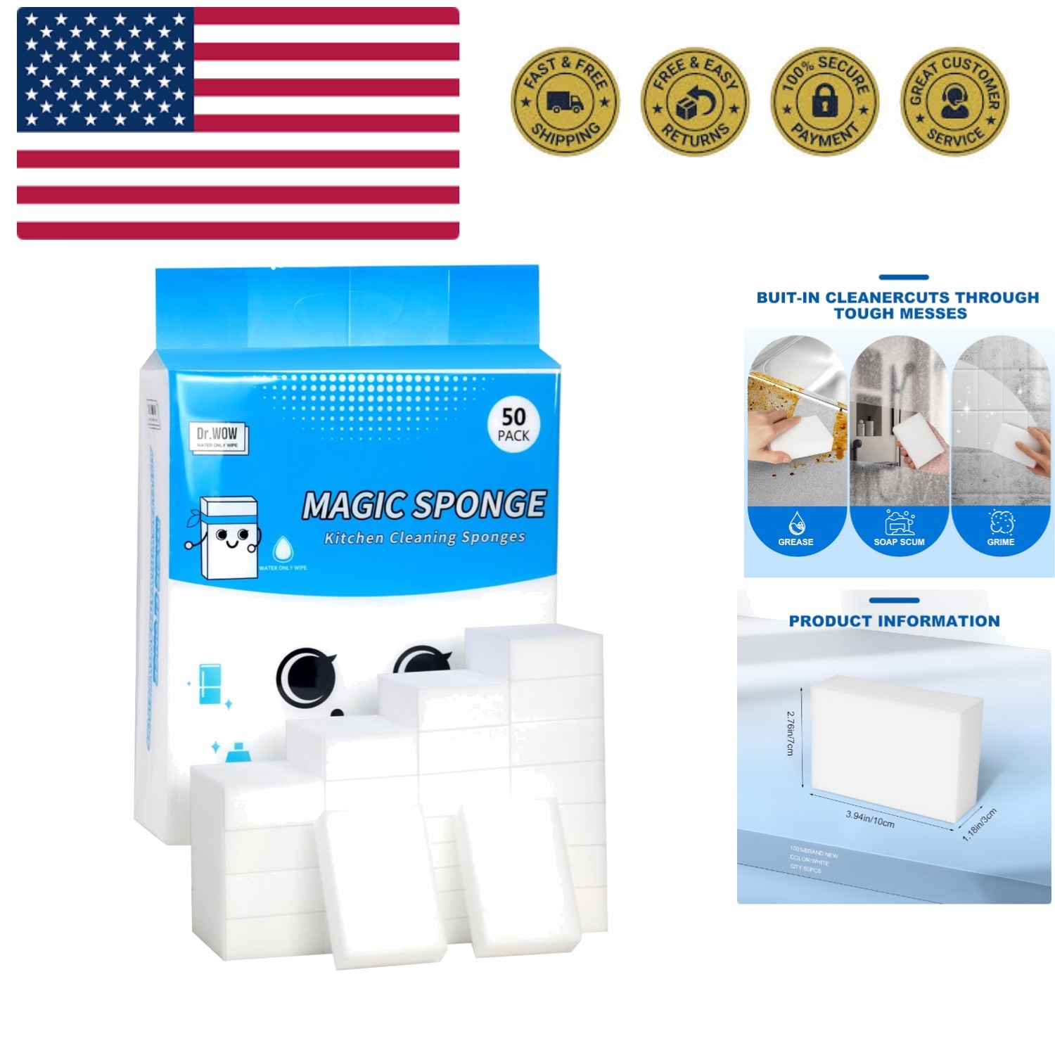 Extra-Thick 50-Pack Melamine Sponges - Quick Drying, Non-Scratch Cleaning Power