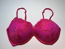 Victoria&rsquo;s Secret Sexy Little Things Bra 36D Pink Red Lace Rhinestone Push Up