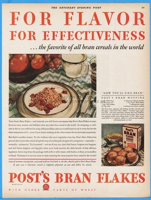 1929 Post Bran Flakes Cereal Battle Creek MI Muffin Recipe 20s Kitchen Decor Ad