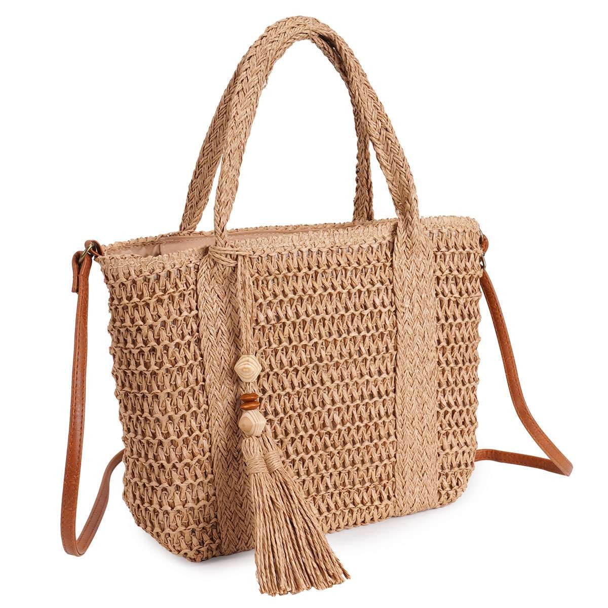 Woven Straw Tote Bag with Tassel Women Summer Beach Crossbody Travel Handbag