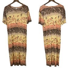 La fête Lrg Vintage Neutral Brown Fall Leaves Stretch Knit Maxi Travelers Dress